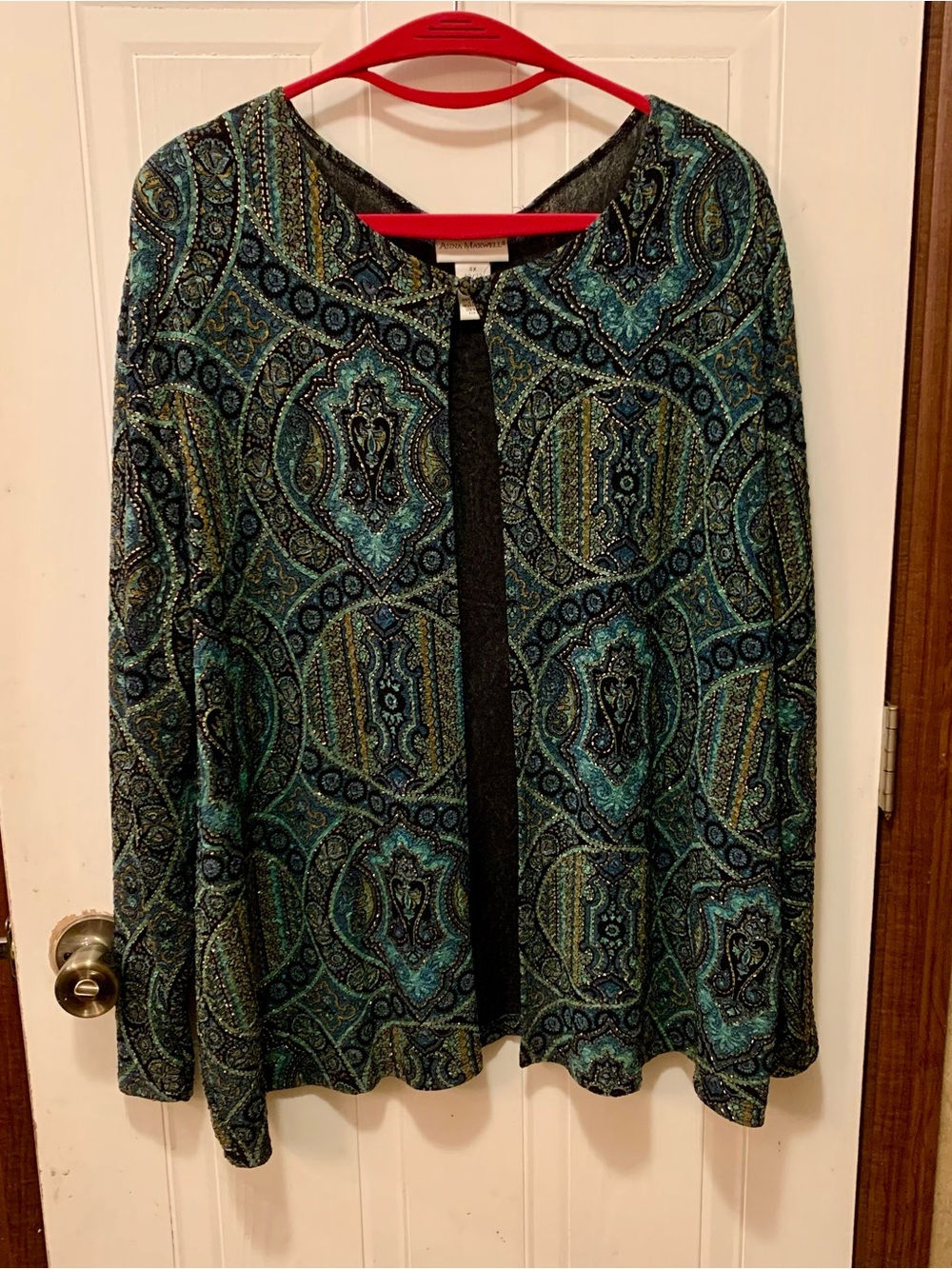 NWOT Anna Maxwell 4X Paisley Cardigan Green Black Metallic Shimmer Open Front
